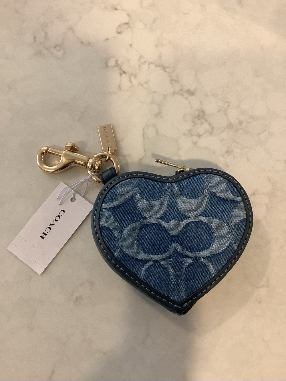 COACH Denim Signature Heart Zip Coin Pouch Key Ring with Gold Hardware - Picture 2 of 8